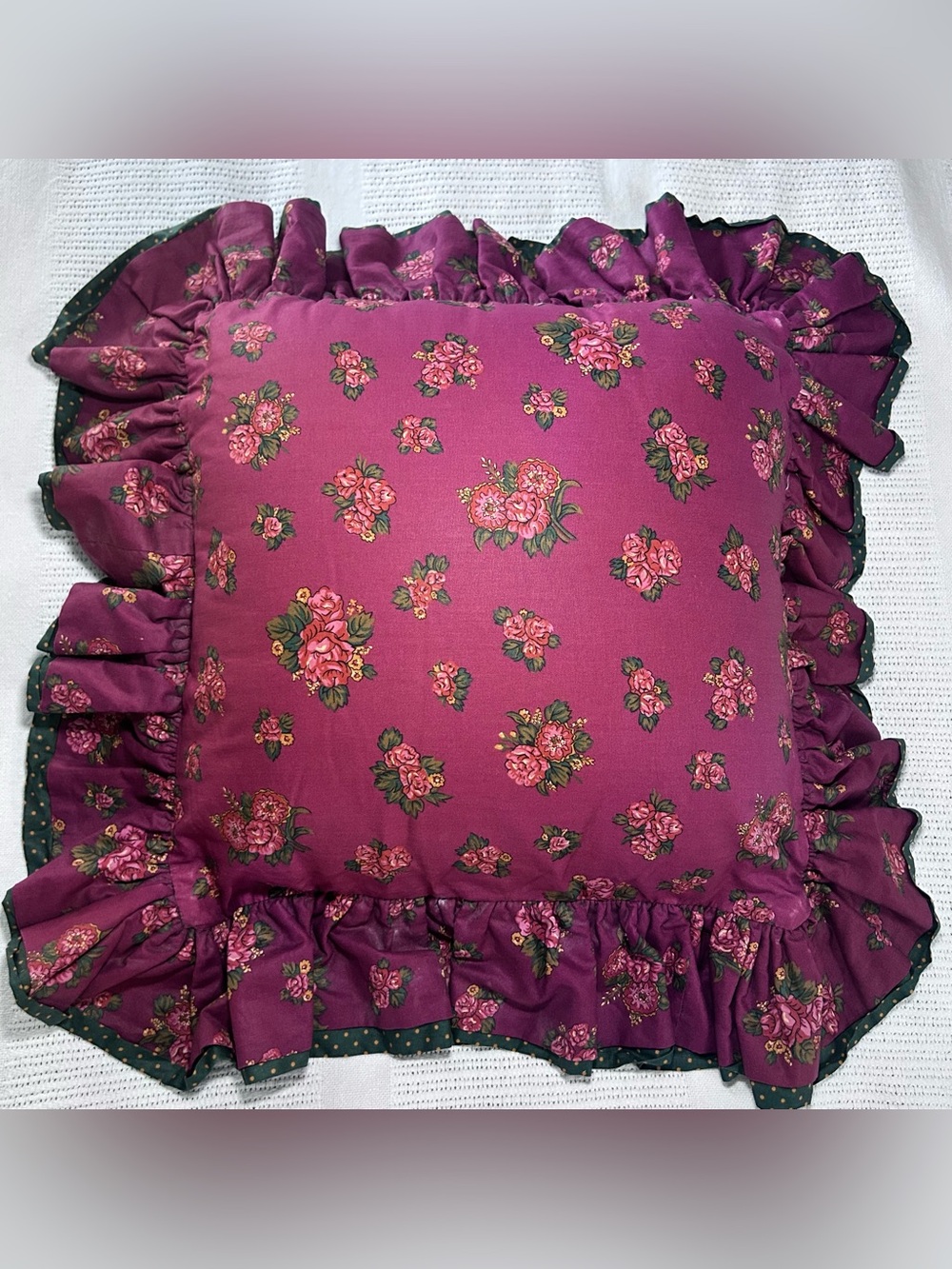 Mom’s Favorite Rose Green Polka Dot Handmade Double Sided Ruffle Throw Pillow